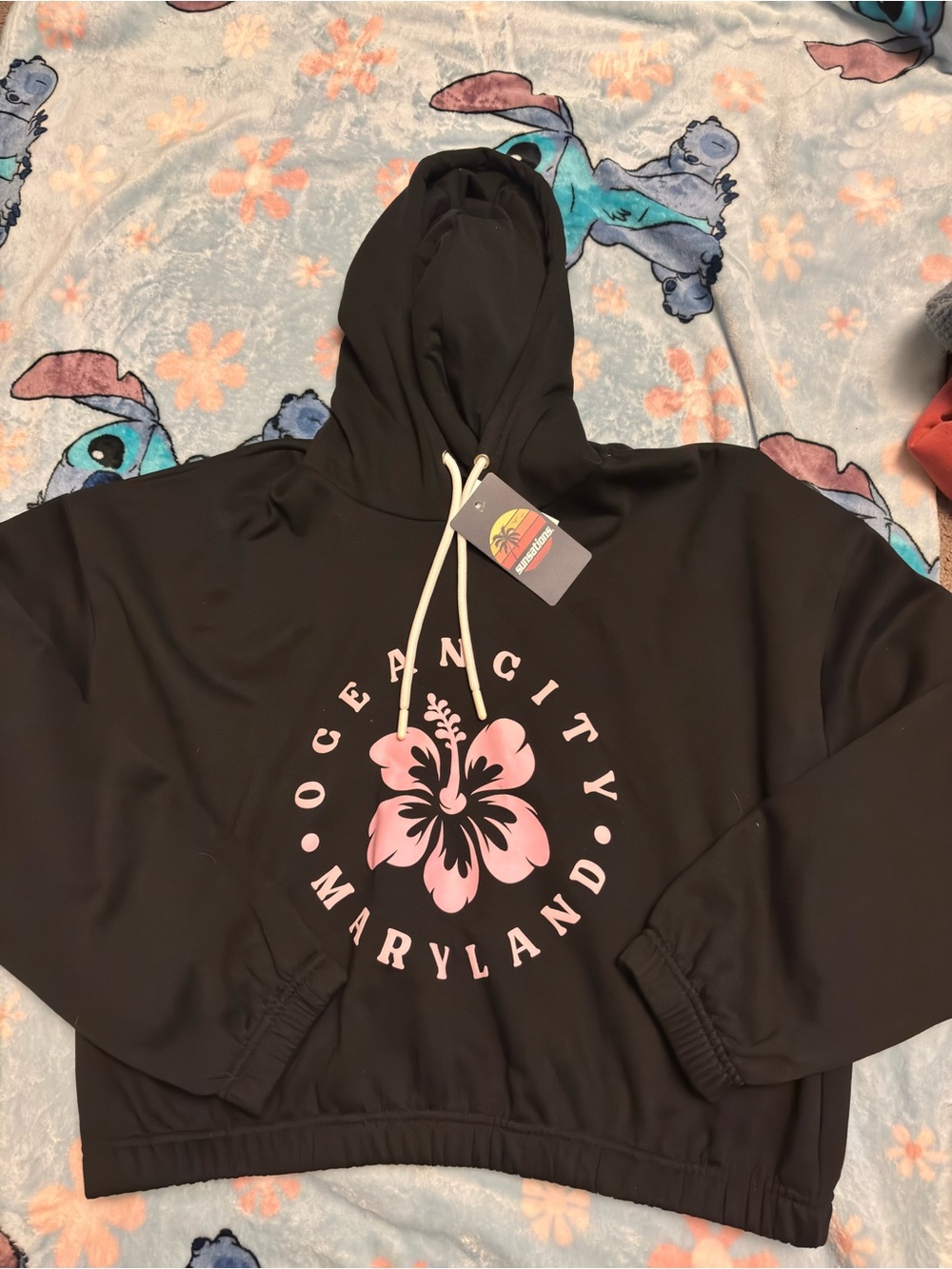 Ocean City Maryland Kids Black Hoodie with Pink Hibiscus Graphic